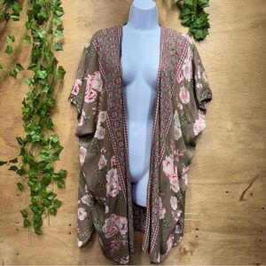 Angie Multicolor Tan and floral Patterned Kimono